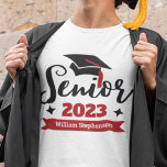 Senior class of 2023 graduation year naming T-Shirt<br><div class="desc">Celebrate your senior and graduation year with this modern t-shirt featuring a contemporary "Senior 2023" typography in black and red decorated with a black graduate cap with a red tassel; easily customize this t-shirt with your graduation year and name by editing the template fields. This t-shirt is part of our...</div>