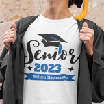 Senior class of 2023 graduation year naming T-Shirt<br><div class="desc">Celebrate your senior and graduation year with this modern t-shirt featuring a contemporary "Senior 2023" typography in black and blue decorated with a black graduate cap with a blue tassel; easily customize this t-shirt with your graduation year and name by editing the template fields. This t-shirt is part of our...</div>