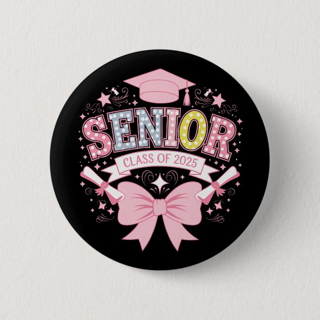 Senior Class Of 2025 Graduation Pink Coquette Bow Button (Front)