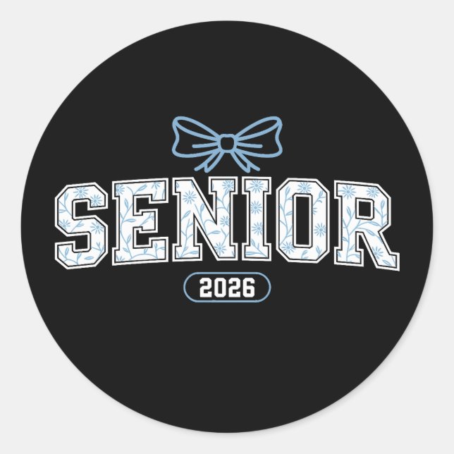 Senior Class Of 2026 Graduation Blue Floral Bow Classic Round Sticker (Front)