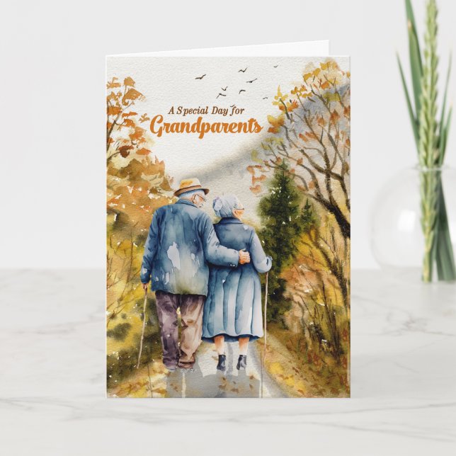 Senior Couple Woodland Path Grandparents Day Holiday Card (Front)