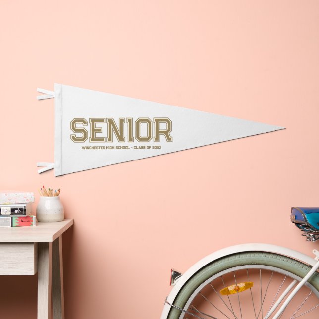 Senior custom high school class year varsity gold pennant flag (Front)