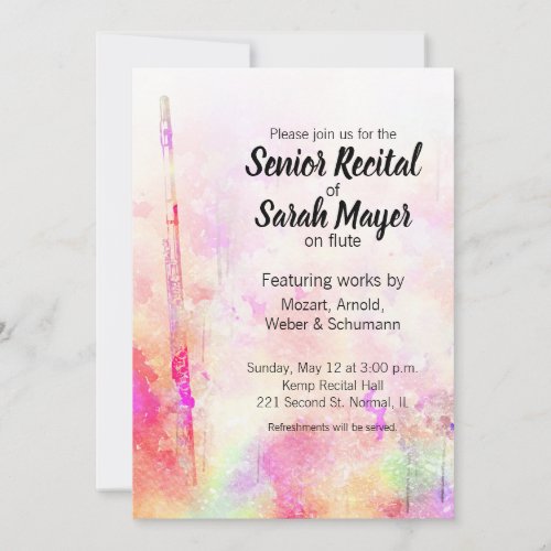 Senior Flute Recital Colorful Watercolor Design Invitation