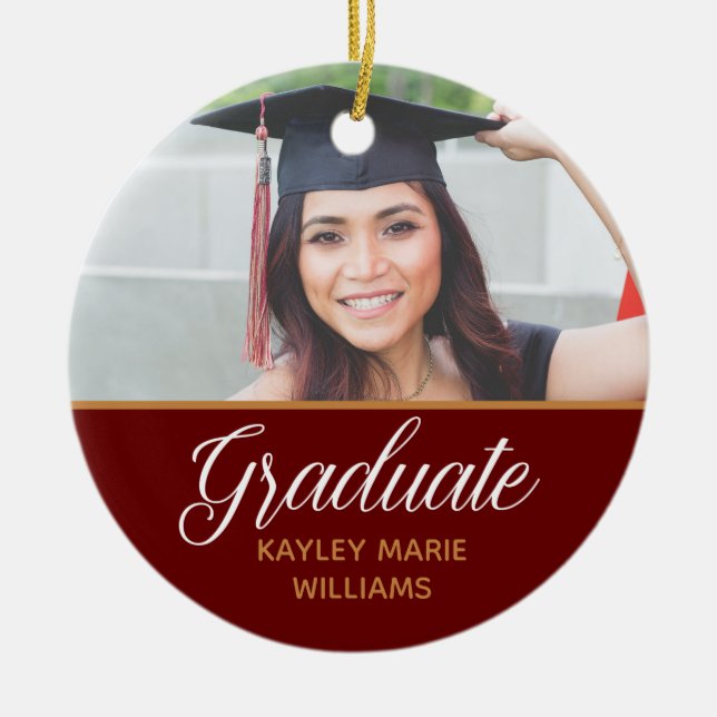 Senior Graduate Photo Maroon Graduation Keepsake Ceramic Ornament (Front)