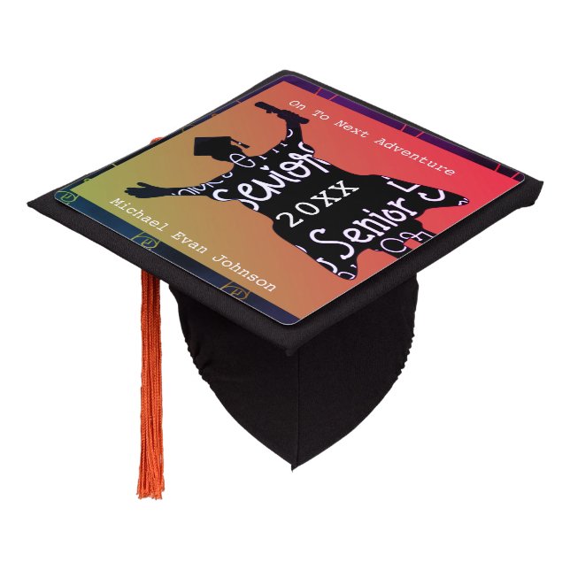 Senior Graduate Silhouette Sunset Colors Graduation Cap Topper (Angled)