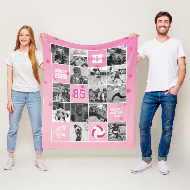 Senior Volleyball Team Custom Photo Pink Confetti Fleece Blanket (In Situ)