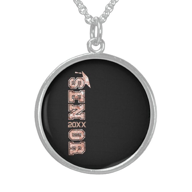 Senior Year Grad Graduate Glitter Sequins Year Sterling Silver Necklace (Front)