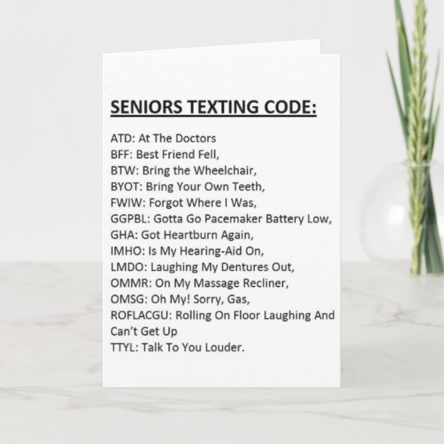 Seniors Texting Code Card (Front)