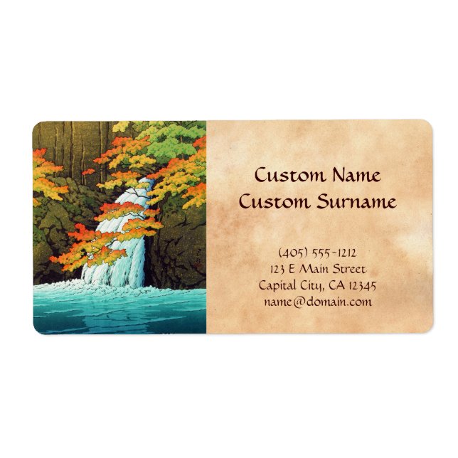 Senju Waterfall, Akame Hasui Kawase shin hanga art Label (Front)