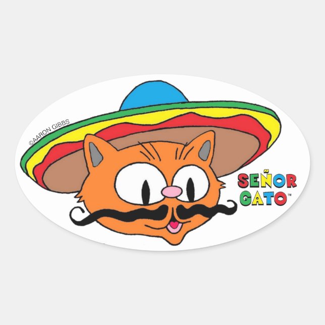 Senor Gato Cartoon Mustache Cat  Oval Sticker (Front)