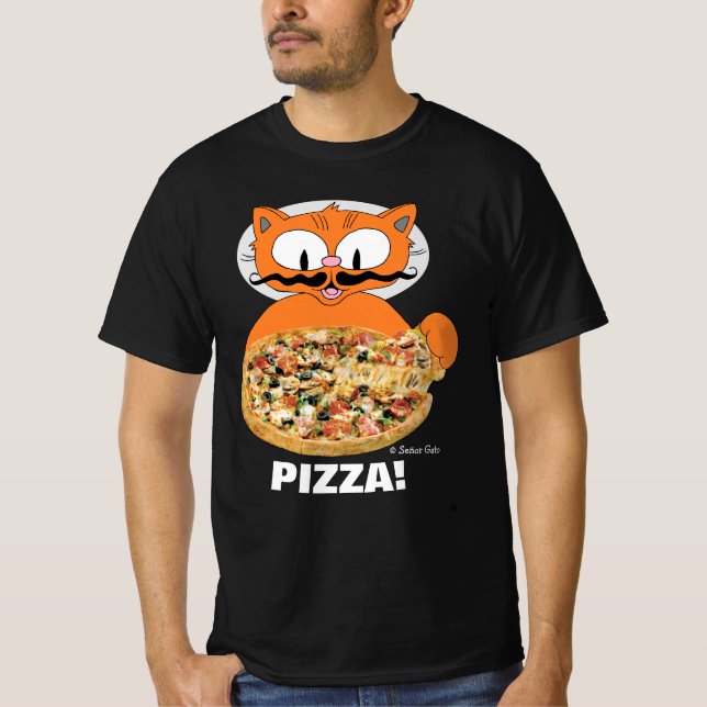 Señor Gato Cartoon Mustache Cat Pizza! T-Shirt (Front)