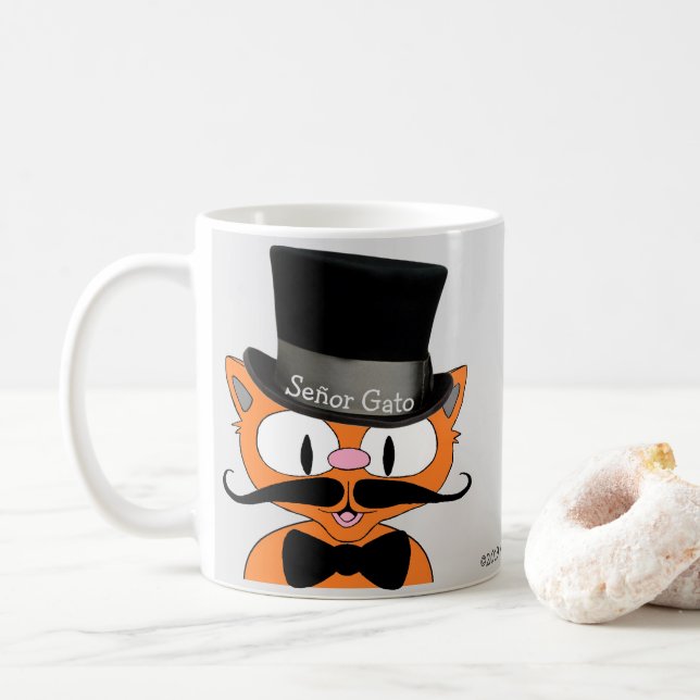 Señor Gato Cartoon Mustache Cat Top Hat Bow Tie Coffee Mug (With Donut)