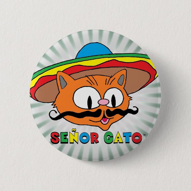 Señor Gato (Cartoon Mustache Cat) with Sombrero Button (Front)