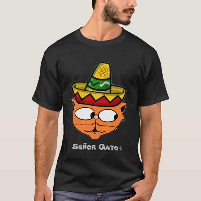 Señor Gato Cartoon Thin Mustache Fiesta Cat T-Shirt (Front)