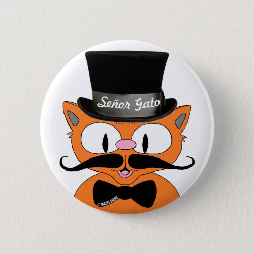 Seor Gatoâ Mustache Top Hat and Bow Tie Cat Button