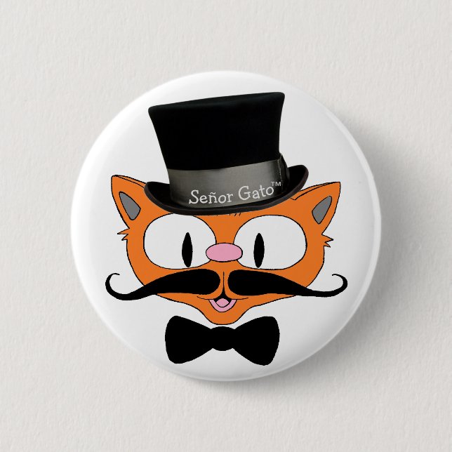 Señor Gato™ Mustache Top Hat and Bow Tie Cat Button (Front)