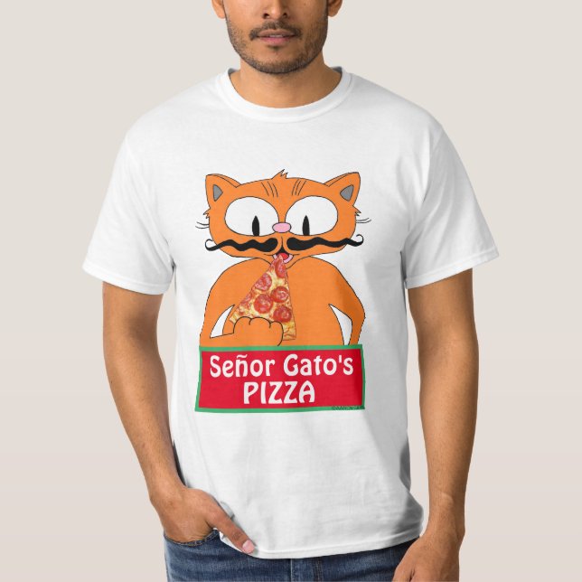 Señor Gato's Pizza Cartoon Mustache Cat Funny T-Shirt (Front)