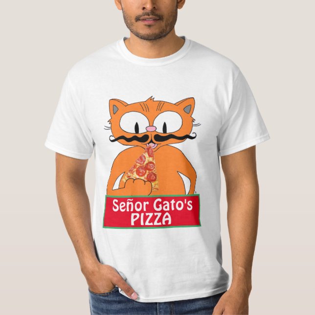 Señor Gato's Pizza Handlebar Mustache Cat T-Shirt (Front)
