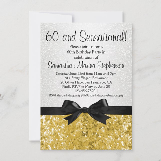 Sensational Gold Sparkle Bow 60th Birthday Party Invitation (Front)
