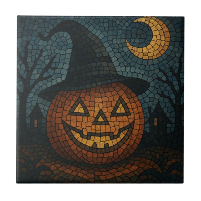 Sensational Mosaic Pumpkin Halloween Ceramic Tile (Front)