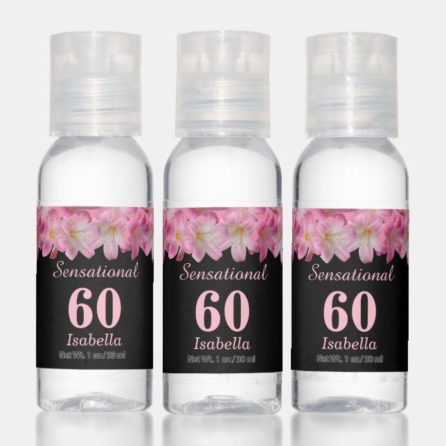 Sensational Sixty Pink Flowers Birthday Favor Hand Sanitizer (Set)