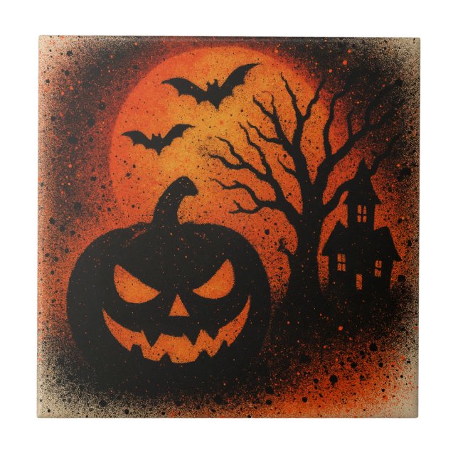 Sensational Spray Art Pumpkin Halloween Ceramic Tile (Front)