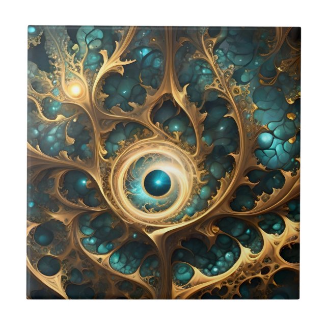 Sense Of Sight Teal And Gold Fractal Abstract Art, Ceramic Tile (Front)