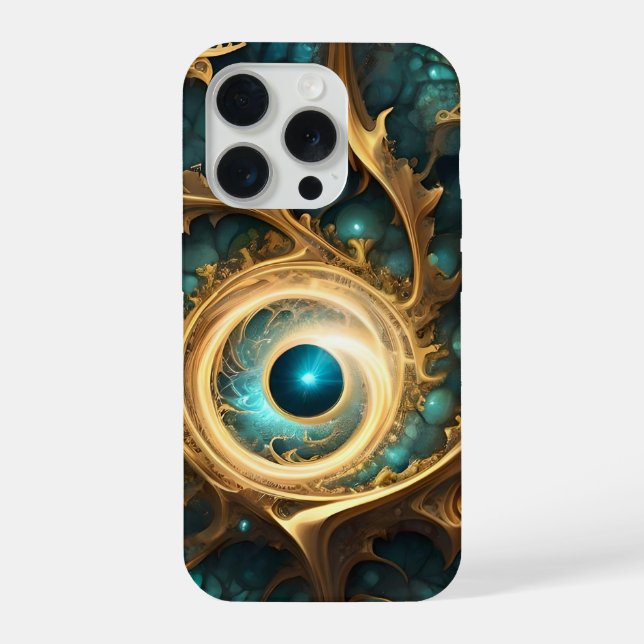 Sense Of Sight Teal And Gold Fractal Abstract Art, iPhone Case (Back)