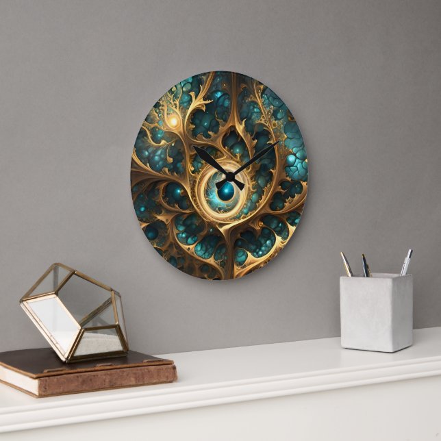 Sense Of Sight Teal And Gold Fractal Abstract Art, Large Clock (Office)