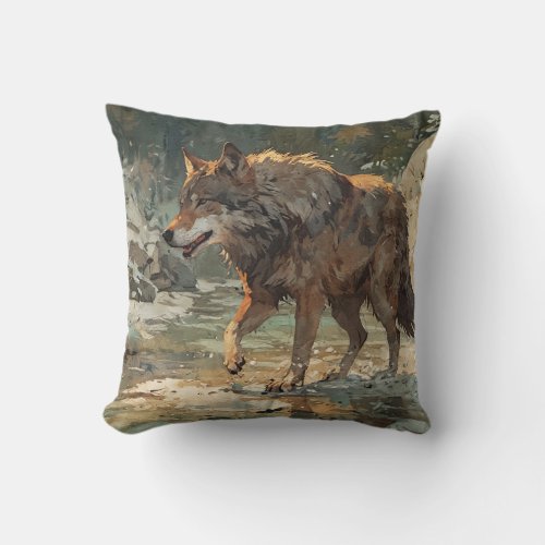 Sensing his Prey _ Gray Wolf Art Throw Pillow