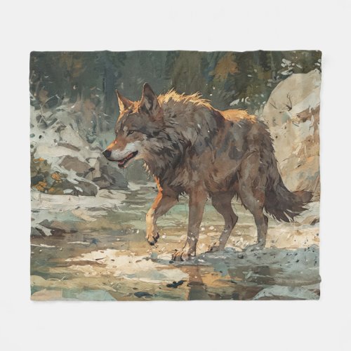 Sensing his Prey _ Grey Wolf Art Fleece Blanket