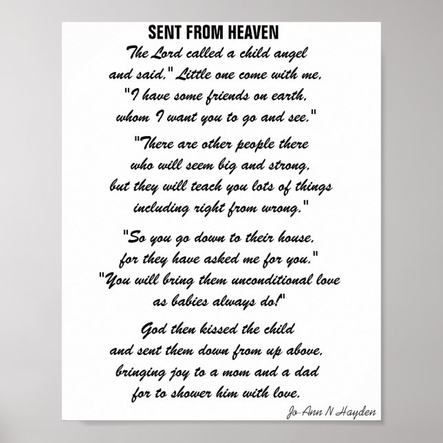 SENT FROM HEAVEN poem Poster (Front)