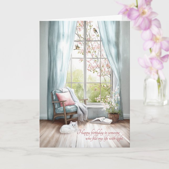 Sentimental Birthday Window View and Persian Kitty Card (Orchid)