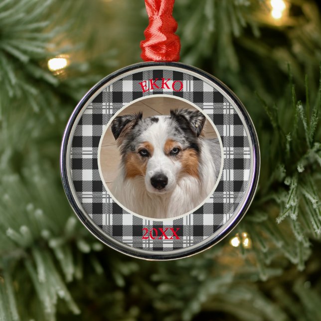 Sentimental Dog Portrait Buffalo Plaid Design Metal Ornament (Tree)