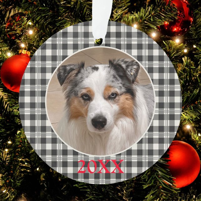 Sentimental Pet Photo Dark Gray Buffalo Plaid Ornament (Buffalo Plaid Dark Gray and Buttercream Ornament)