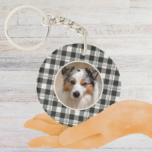 Sentimental Pet Photo Dark Gray Plaid Art Keychain