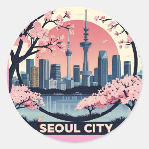 Seoul City Modern Skyline Retro Art South Korea Classic Round Sticker