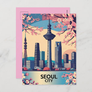 Seoul City Modern Skyline Retro Art South Korea Holiday Postcard