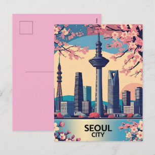 Seoul City  Modern Skyline Retro Art South Korea Holiday Postcard