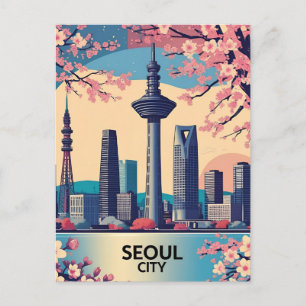  Seoul City  Modern Skyline Retro Art South Korea Holiday Postcard