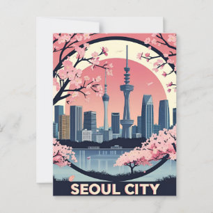 Seoul City Modern Skyline Retro Art South Korea Postcard