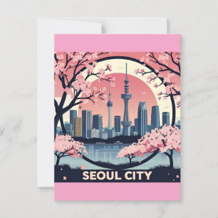 Seoul City Modern Skyline Retro Art South Korea Postcard