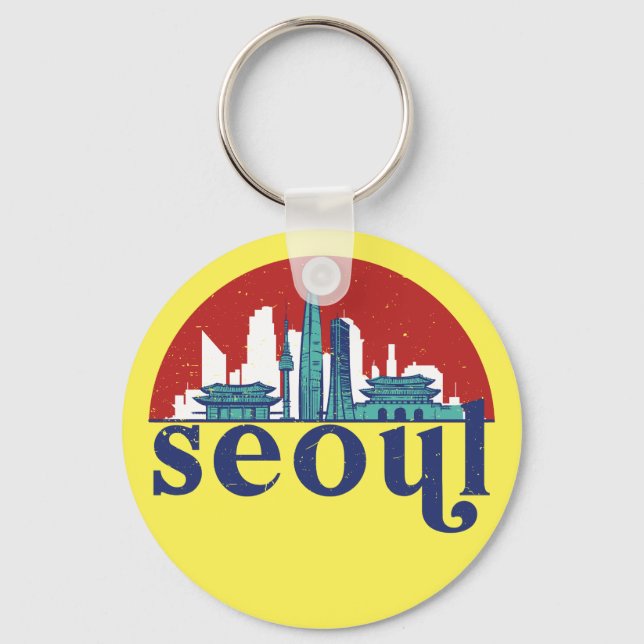 Seoul Korea Retro Sun City Skyline Cityscape Art Keychain (Front)