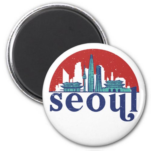 Seoul Korea Retro Sun City Skyline Cityscape Art Magnet