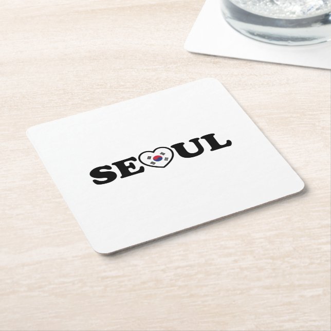 Seoul Love Heart Taegeukgi Flag Square Paper Coaster (Angled)