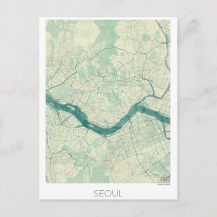 Seoul Map Blue Vintage Watercolor Postcard