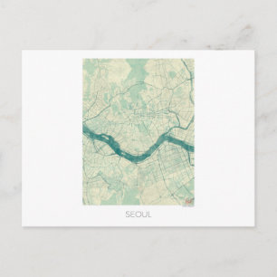 Seoul Map Blue Vintage Watercolor Postcard