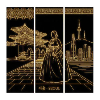 Seoul-Neon Gold Korean Cityscape  Triptych
