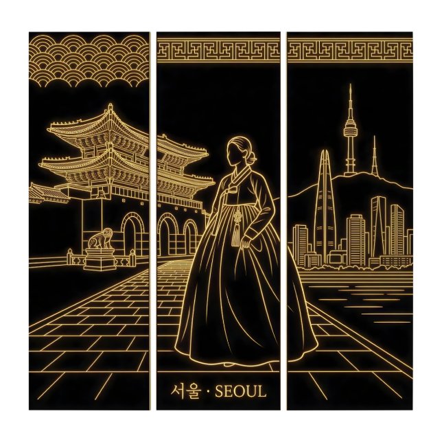 Seoul-Neon Gold Korean Cityscape  Triptych (Front)