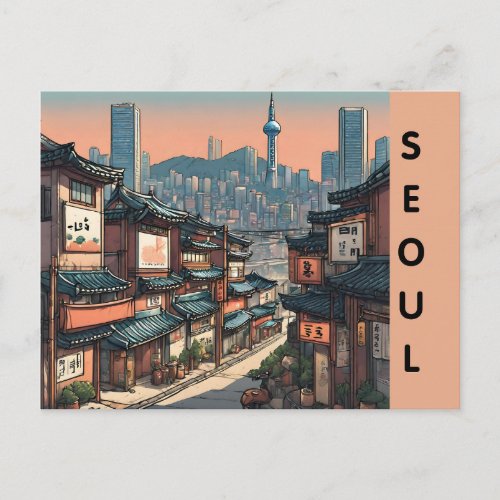 Seoul south korea city vintage travel retro street postcard